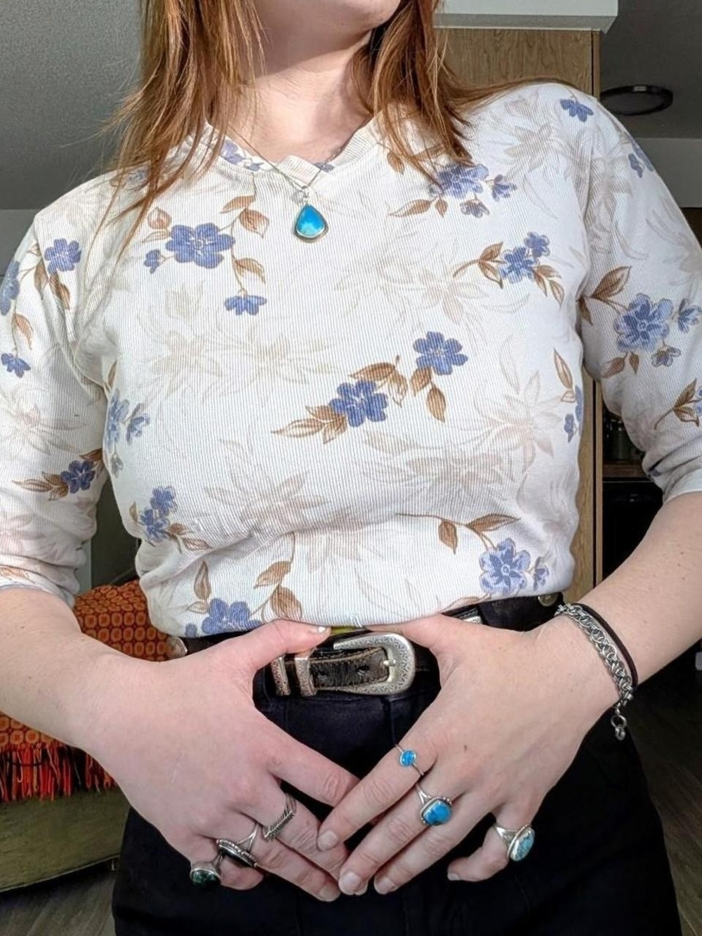 Vintage Cream Floral Top with Blue/Brown Floral Print